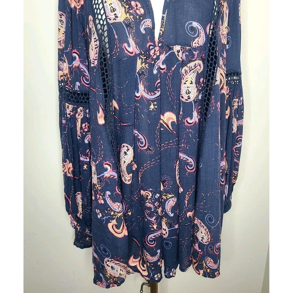 Free People Women's Blue‎ Boho Just the Two of Us Paisley Mini Dress Tunic Sz M